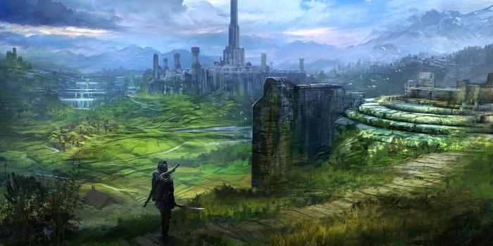 gray temple game application screenshot man standing near grass 2k