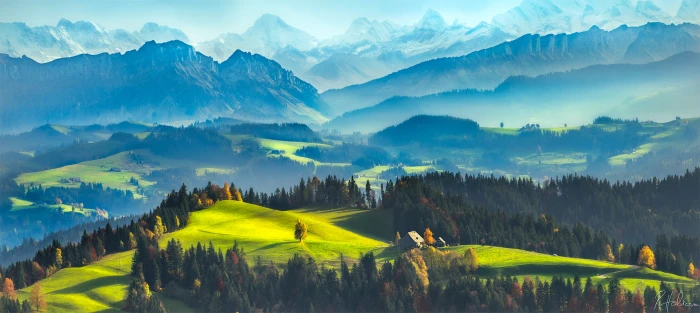 green highland painting digital art artwork landscape trees 2k