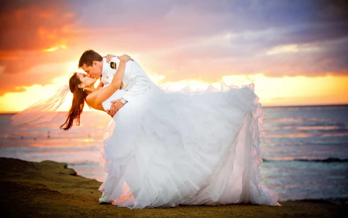 Just Married Loving Couple Bridal In Uniform Young Woman Wedding Dress Sunset Beach Romantic Hd Wallpaper 2k