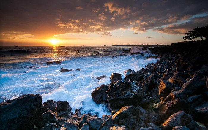 Landscapes Shore Coast Ocean Sky Sunset Waves High Quality beaches 2k