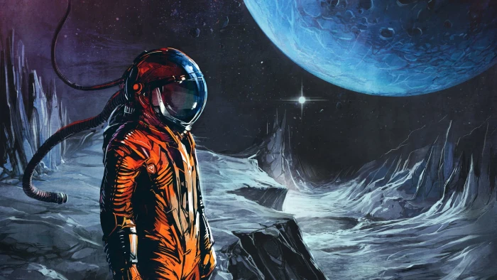 man in orange astronaut suit with moon wallpaper helmet on painting 2k