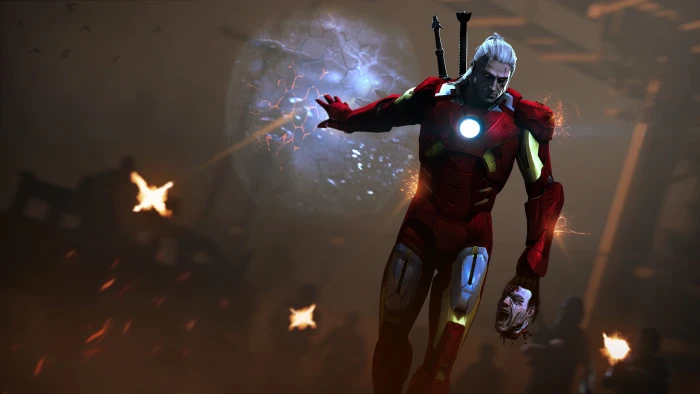 man in red robot suit illustration sword costume Geralt iron 2k 4k
