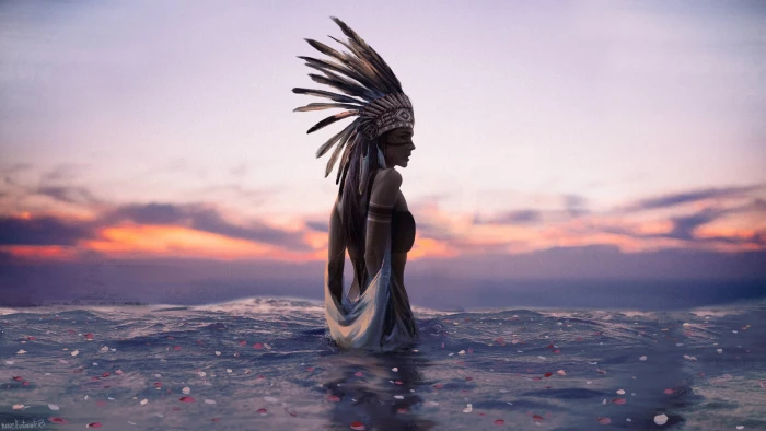 native American Indian female illustration woman wearing brown and black headdress top on body of water at daytime 2k