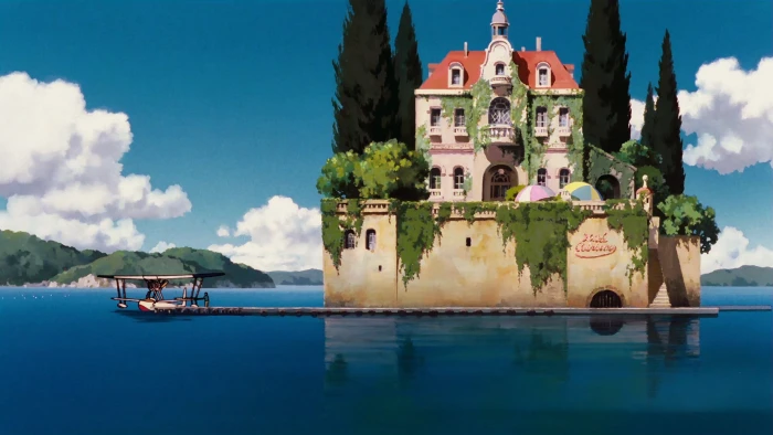 pink brown and red building illustration anime Studio Ghibli 2k