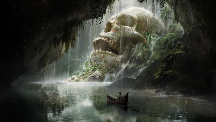skull island character riding boat game application man on near white movie scene 2k