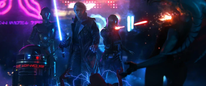 Star Wars wallpaper cyberpunk Luke Skywalker lightsaber neon 2k