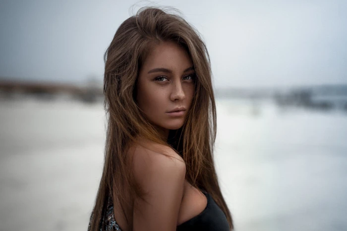 women's black top Olga Katysheva portrait depth of field freckles 2k