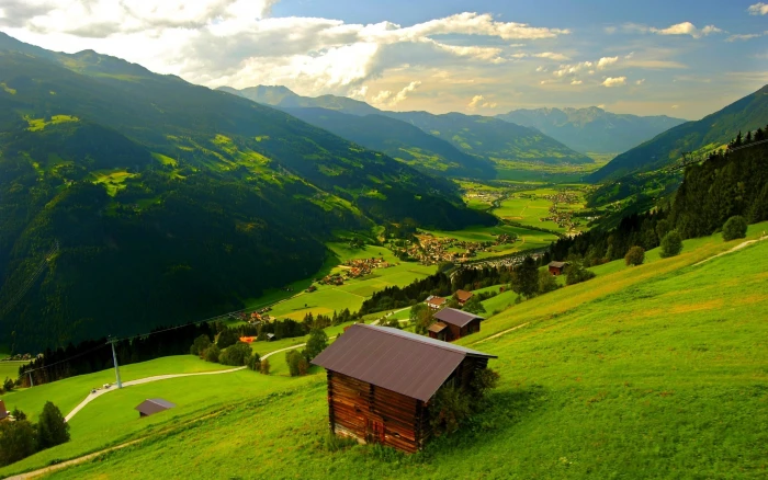 Windows 10 scenery theme desktop wallpaper 01 brown wooden house and trees 2k