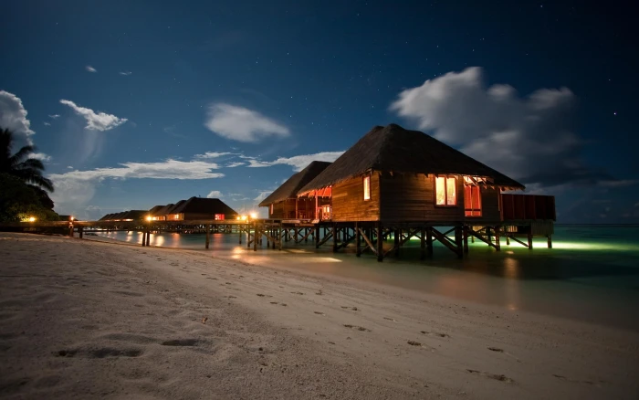 A Night On The Beach brown wooden beach houses palms tropical 2k