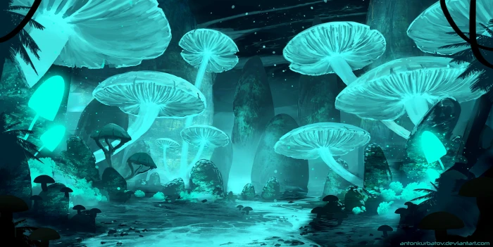 Fantasy Landscape Fluorescent Mushroom Nature 2k