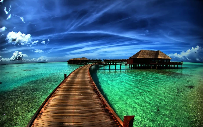 High Resolution Beach cottage Hawaii travel sea brown wooden dock 2k