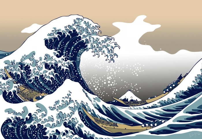 sea waves illustration nature blue The Great Wave off Kanagawa 2k