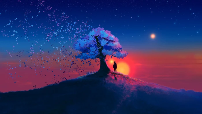 trees nature artwork digital art landscape sky stars 2k