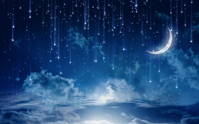 white crescent moon illustration clouds falling stars landscape 2k