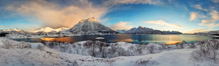 winter Lofoten Norway mountains snow fjord panoramas 2k