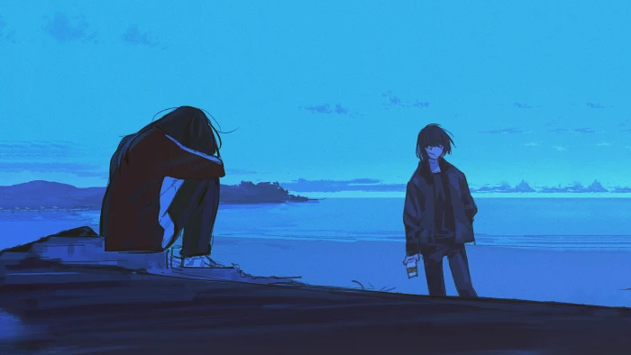 male character digital wallpaper beach art blue sad 2k