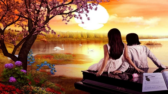 lovers friendship lake sunset romance spring romantic scenery 2k