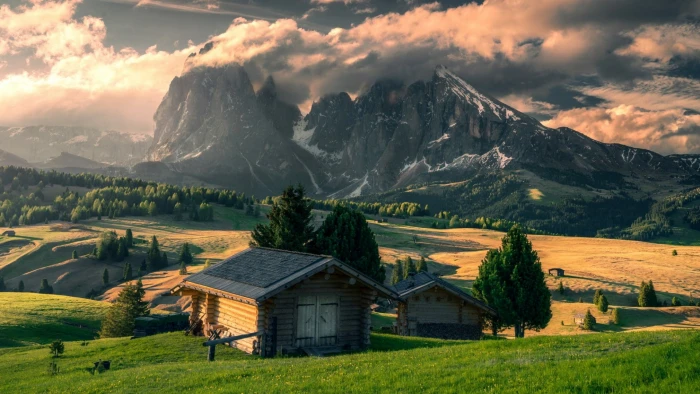 alps alpe di siusi bolzano seiser alm cabin wooden house 2k