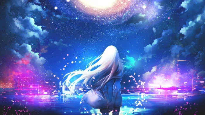 anime white hair girls night sky stars colorful 2k