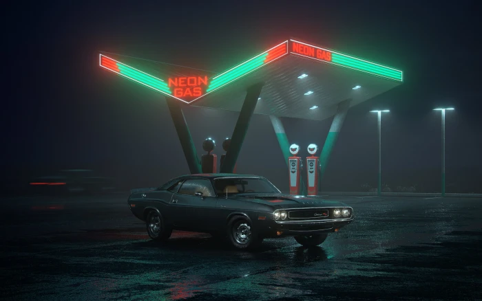 black coupe Dodge Challenger R T car neon gas stations land Vehicle 2k