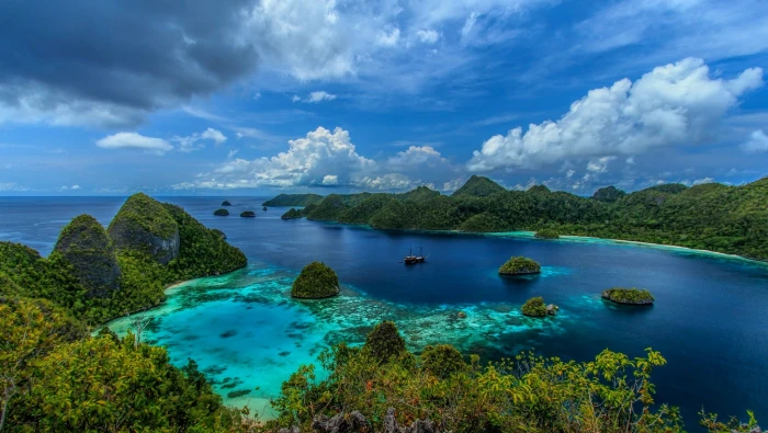 clear blue water river in the middle of lush green mass land 2k