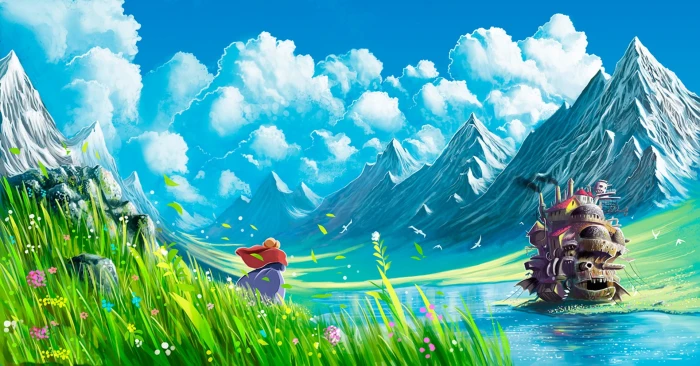 game digital wallpaper Studio Ghibli Howl's Moving Castle mountains 2k