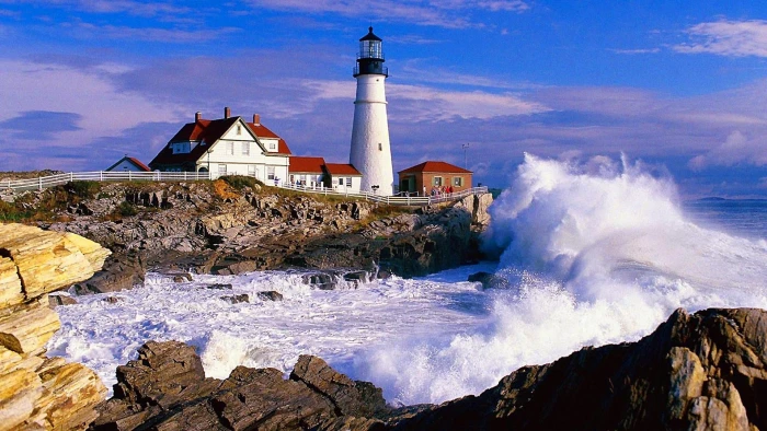 lighthouse promontory sky sea tower coast cape portland head light 2k