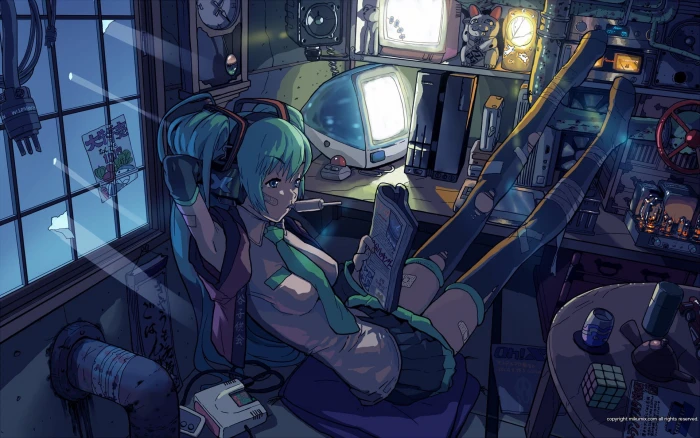 teal haired female animated character wallpaper anime girls 2k