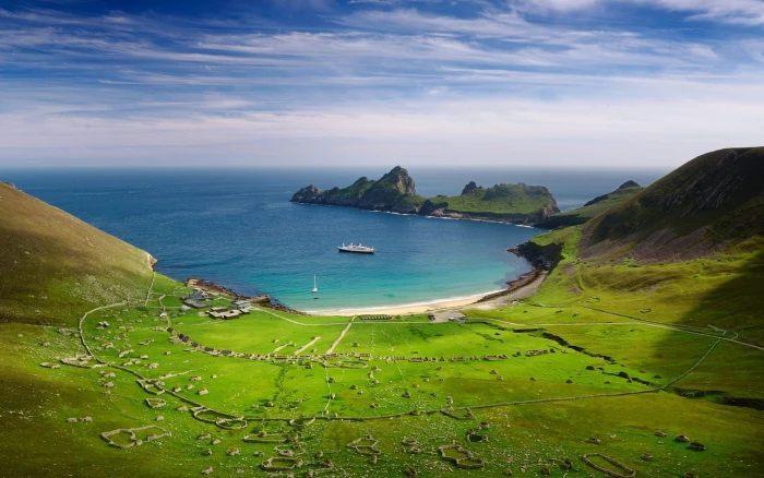 white boat bay sea field hills cruise ship peninsula cliff 2k