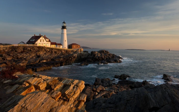 white lighthouse landscape nature sea coast Portland Head Light 2k