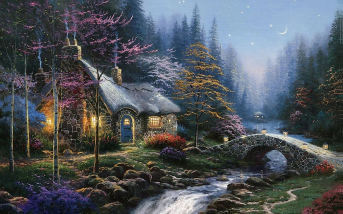 gray house near river painting autumn forest the moon stars 2k