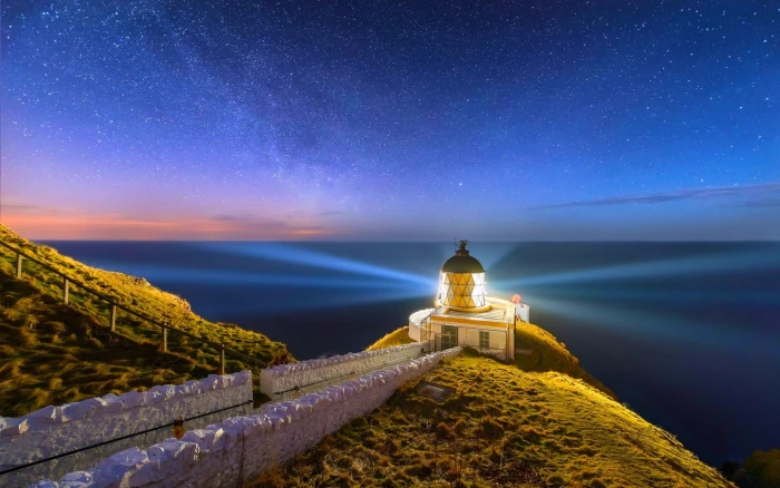 grey lighthouse nature landscape Scotland starry night sea 2k
