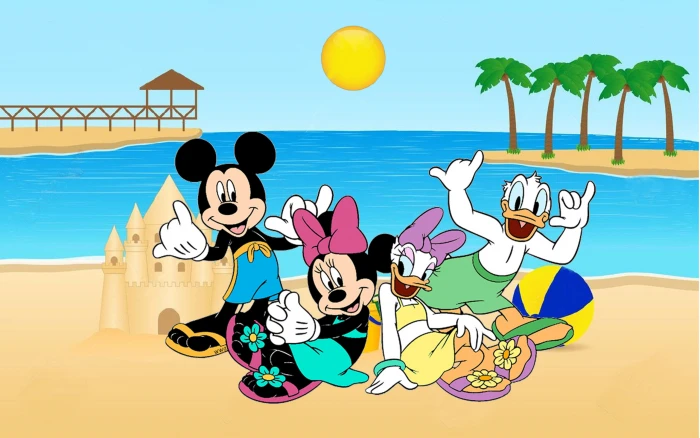 Holiday Along With The Heroes Of Disney Mickey Minnie Donald And Daisy On Beach Desktop Hd Wallpaper For Mobile Phones Tablet Pc 2k