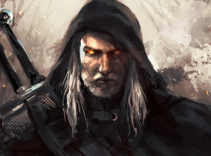 man in black hood with swords digital wallpaper the witcher 2k