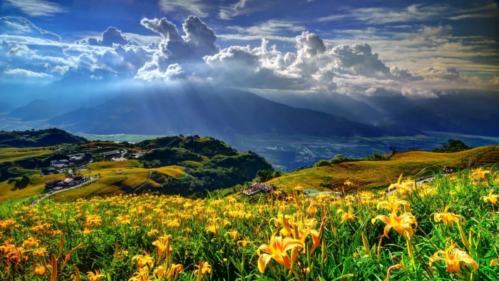sunray sunshine cloud grass rays field highland meadow 2k