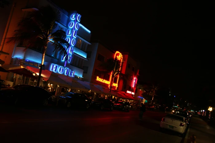 blue LED signage turned on Ocean Drive Miami Beach Florida 2k