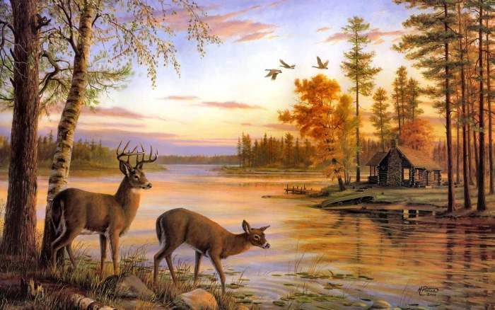 paintings landscapes nature forest birds deer artwork cabin lakes Animals Birds HD Art 2k