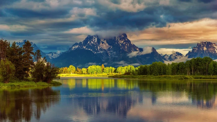 photo of nature landscape river mountains Wyoming USA cloud sky 2k