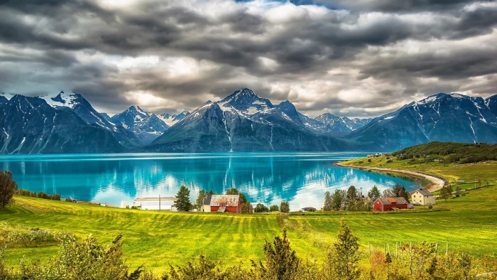 mountain range village baltic sea farm europe reflection 2k