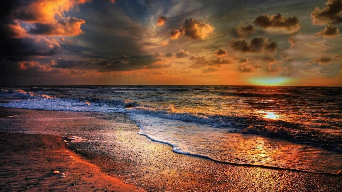 seaside sunset sky horizon beach shore ocean wave cloud 2k