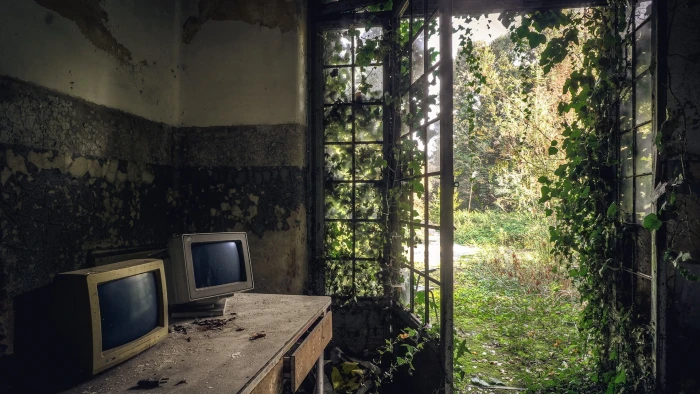 two gray CRT computer monitors nature abandoned obsolete indoors 2k