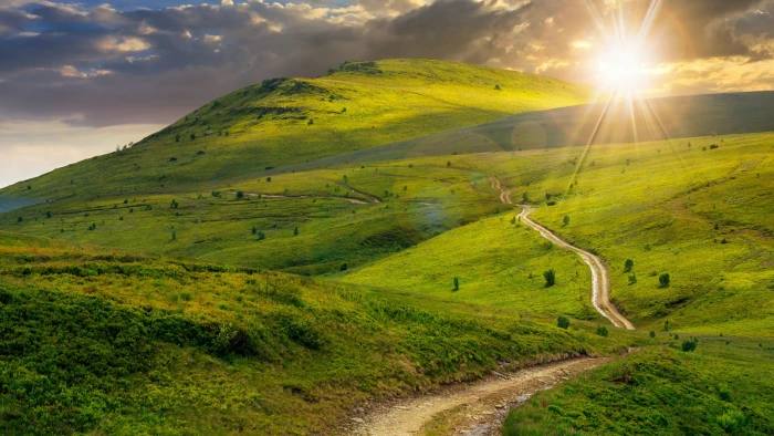 morning sunshine rays sunrays pasture sunlight mountain 2k