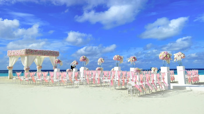 bridal and groom beach set atoll decor decorations destination 2k