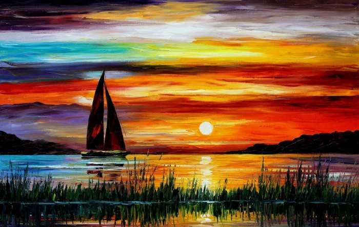 sailboat painting sea sunset picture florida leonid afremov 2k