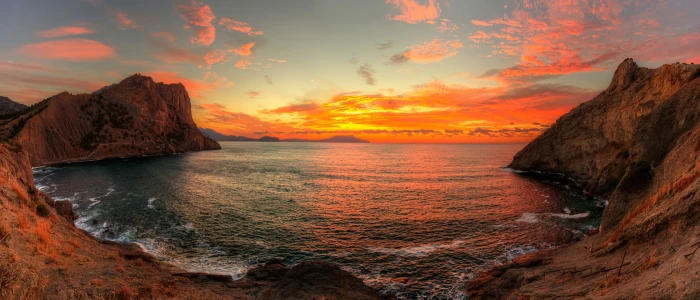 shoreline landscape sea sunset rocks clouds sky coast 2k