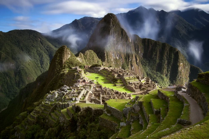 aerial photo of ruins Machu Picchu mountains landscape Peru 2k