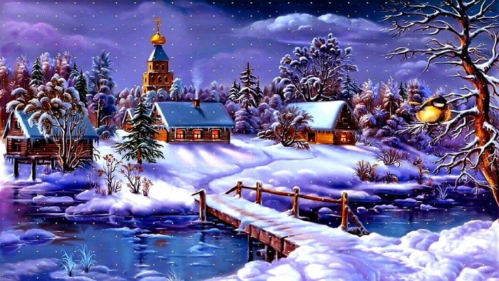 art snowy houses snowfall snowing church arctic freezing 2k