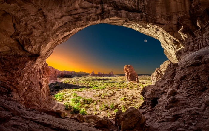 brown rock formation empty cave nature landscape Moon 2k