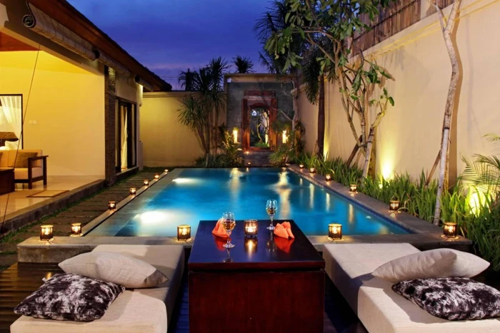 Beach Villa Pool at Night island lights swimming exotic evening 2k