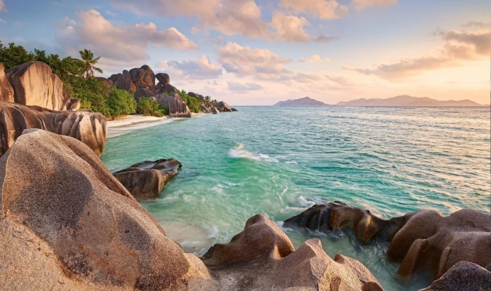 brown rocks Seychelles palm trees beach sunset tropical 2k